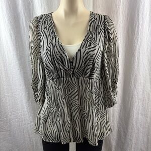 Ted Baker black and cream abstract or zebra print sheer Silk Blouse 10